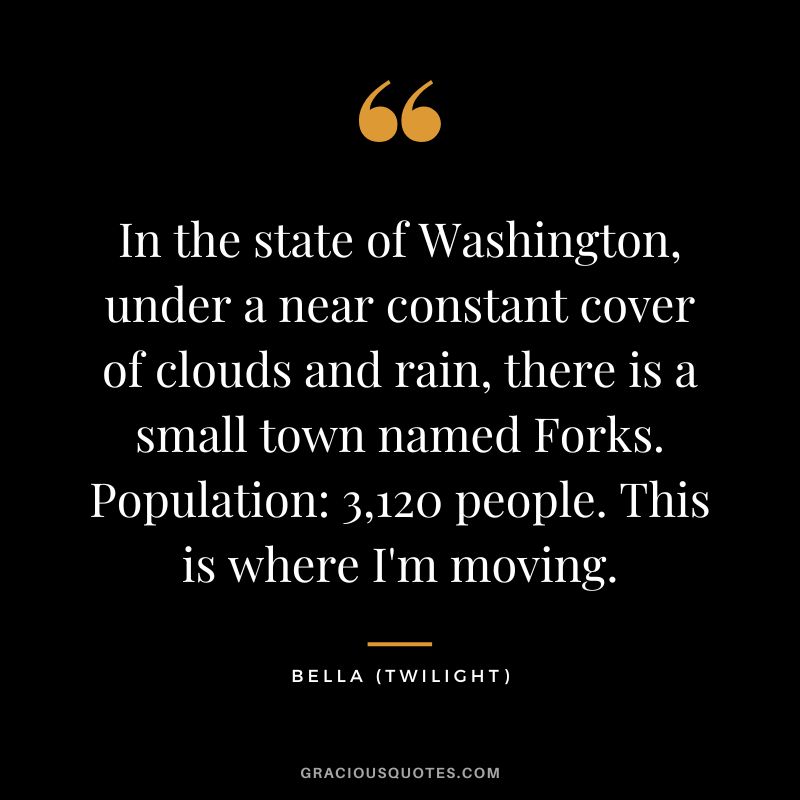 In the state of Washington, under a near constant cover of clouds and rain, there is a small town named Forks. Population 3,120 people. This is where I'm moving. - Bella