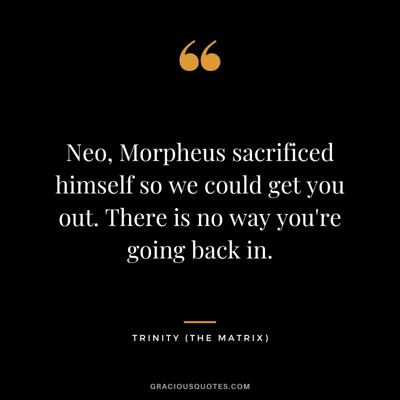 Neo, Morpheus sacrificed himself so we could get you out. There is no way you're going back in. - Trinity