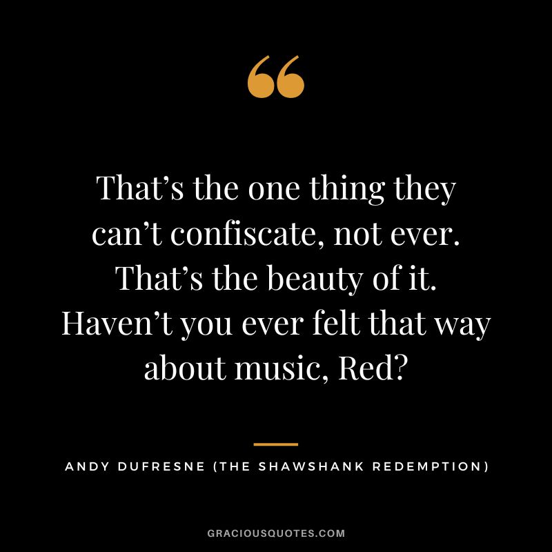 That’s the one thing they can’t confiscate, not ever. That’s the beauty of it. Haven’t you ever felt that way about music, Red - Andy Dufresne