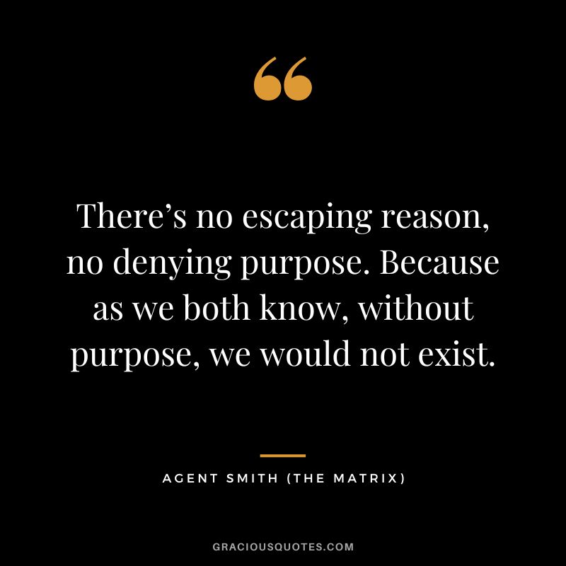 There’s no escaping reason, no denying purpose. Because as we both know, without purpose, we would not exist. - Agent Smith
