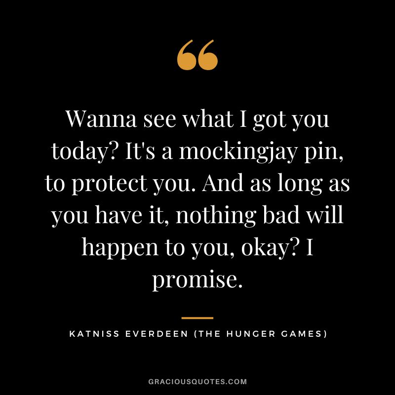 Wanna see what I got you today It's a mockingjay pin, to protect you. And as long as you have it, nothing bad will happen to you, okay I promise. - Katniss Everdeen