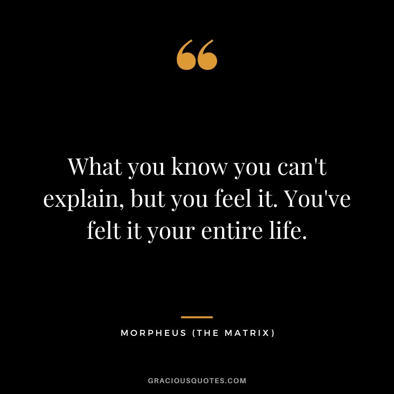 What you know you can't explain, but you feel it. You've felt it your entire life. - Morpheus