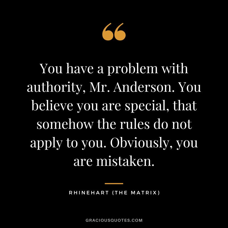 You have a problem with authority, Mr. Anderson. You believe you are special, that somehow the rules do not apply to you. Obviously, you are mistaken. - Rhinehart
