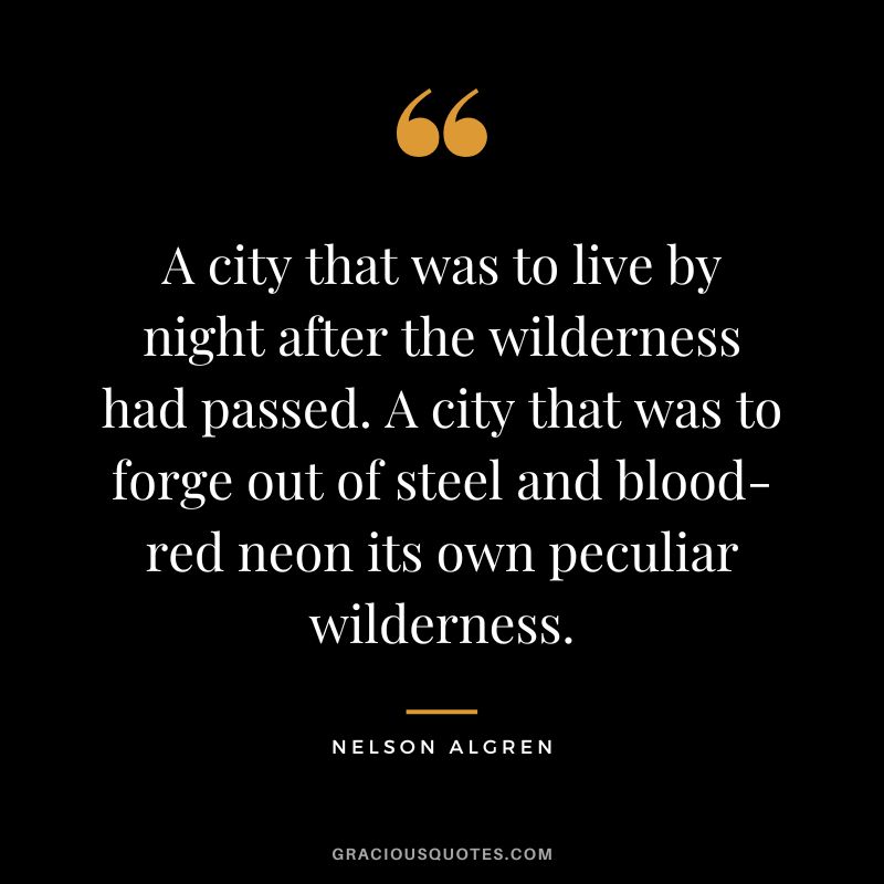 A city that was to live by night after the wilderness had passed. A city that was to forge out of steel and blood-red neon its own peculiar wilderness. - Nelson Algren