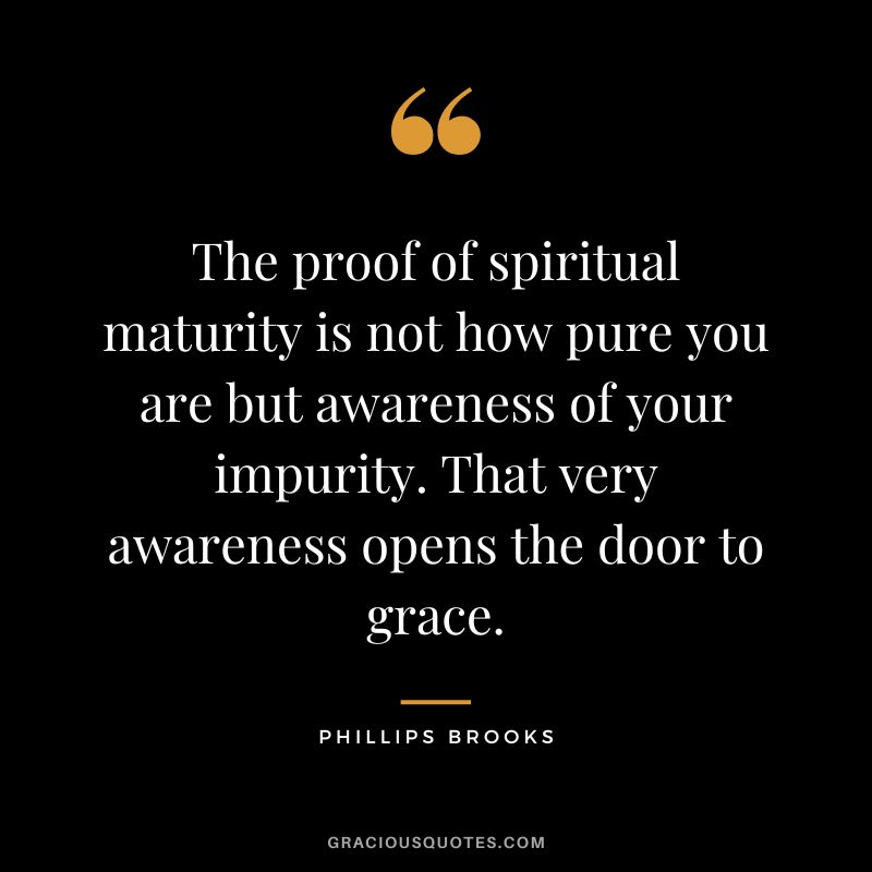 The proof of spiritual maturity is not how pure you are but awareness of your impurity. That very awareness opens the door to grace. - Phillips Brooks