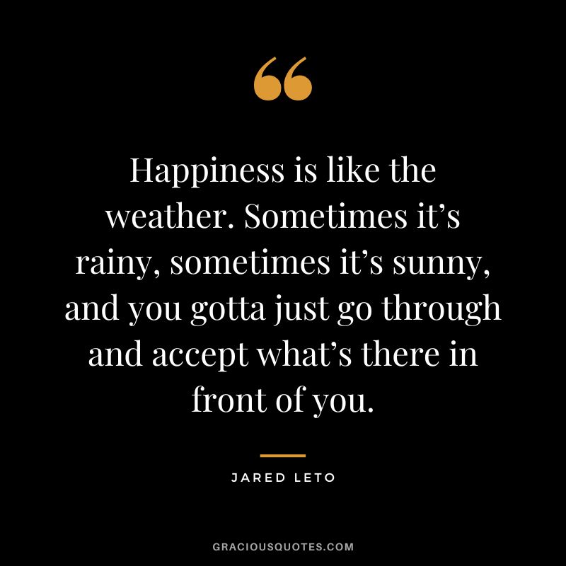Happiness is like the weather. Sometimes it’s rainy, sometimes it’s sunny, and you gotta just go through and accept what’s there in front of you.