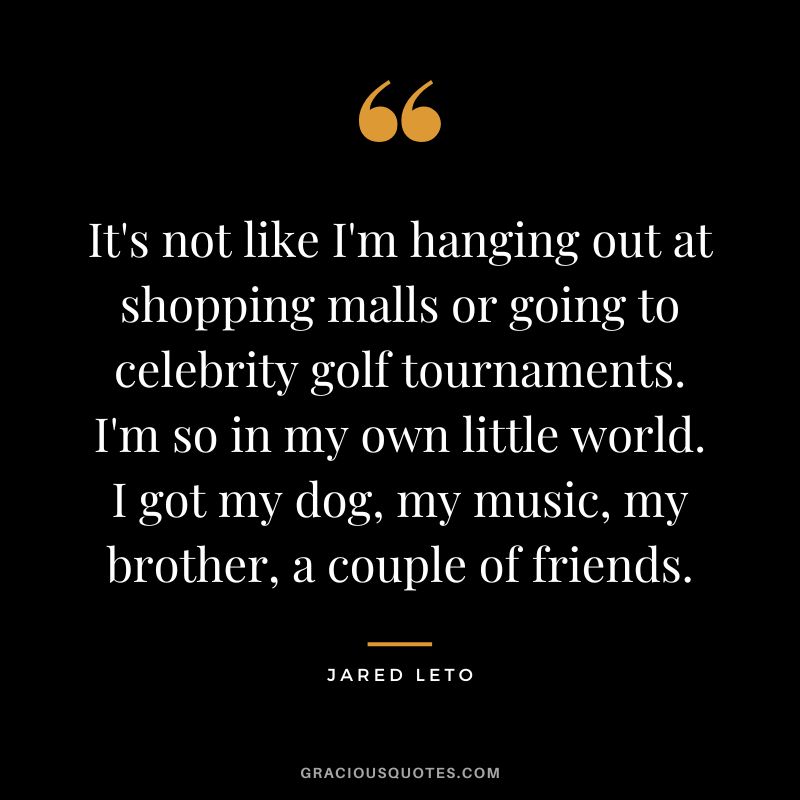 It's not like I'm hanging out at shopping malls or going to celebrity golf tournaments. I'm so in my own little world. I got my dog, my music, my brother, a couple of friends.