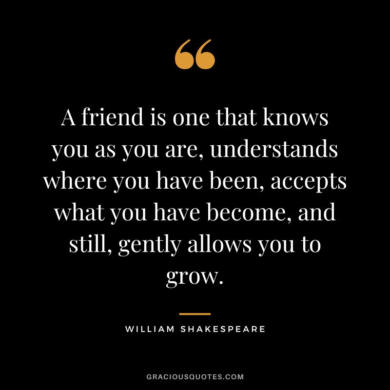 A friend is one that knows you as you are, understands where you have been, accepts what you have become, and still, gently allows you to grow. - William Shakespeare