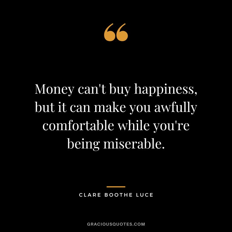 Money can't buy happiness, but it can make you awfully comfortable while you're being miserable. - Clare Boothe Luce