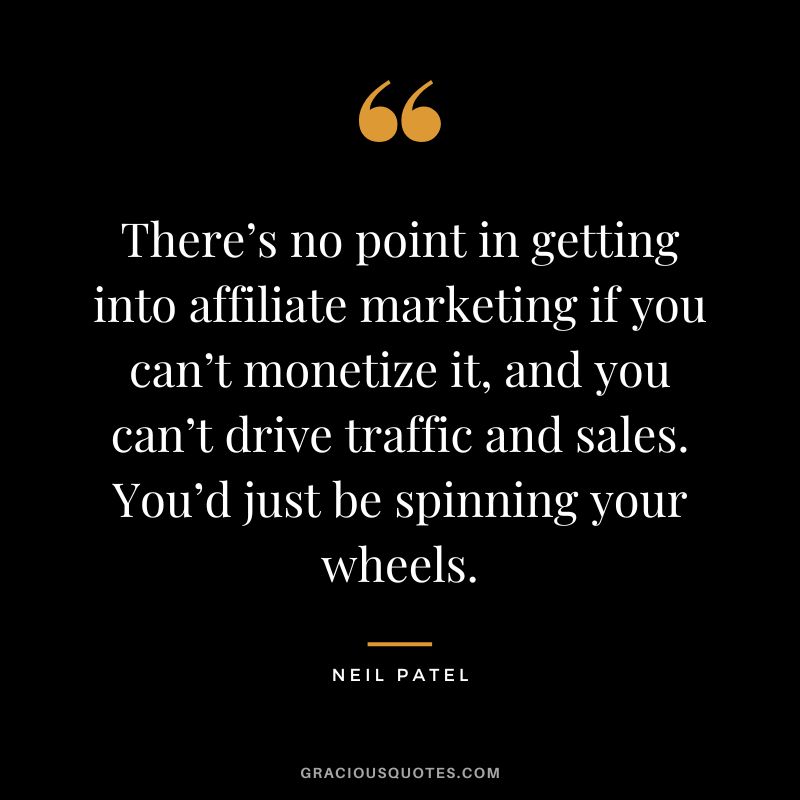 There’s no point in getting into affiliate marketing if you can’t monetize it, and you can’t drive traffic and sales. You’d just be spinning your wheels. - Neil Patel