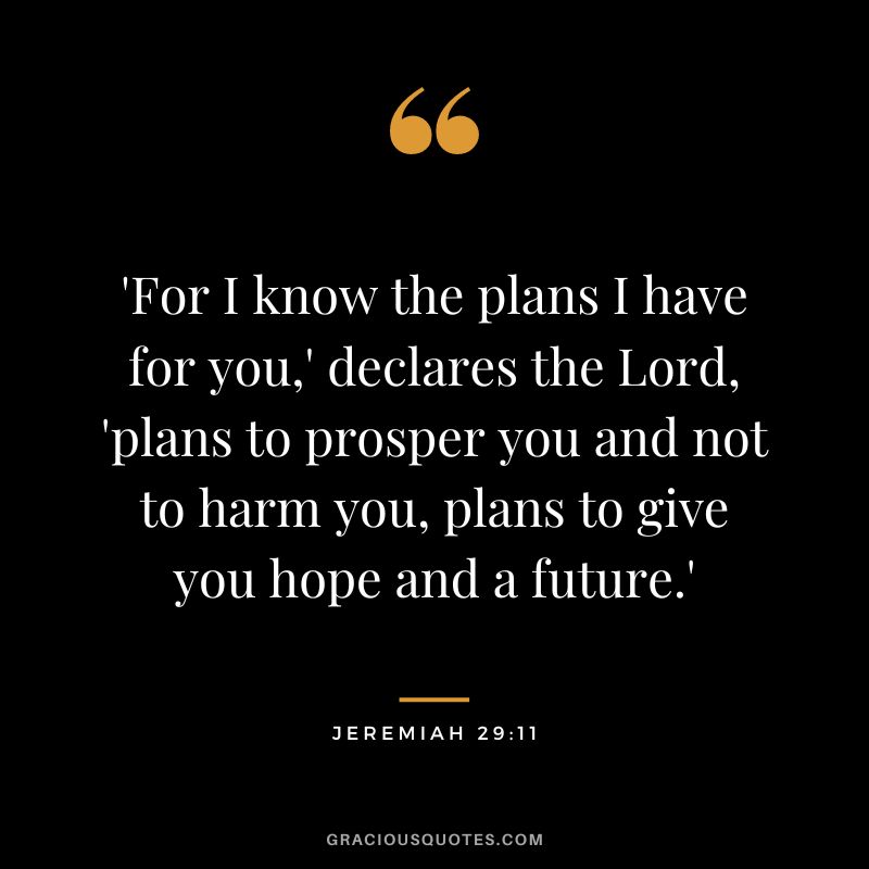 'For I know the plans I have for you,' declares the Lord, 'plans to prosper you and not to harm you, plans to give you hope and a future.' - Jeremiah 29:11
