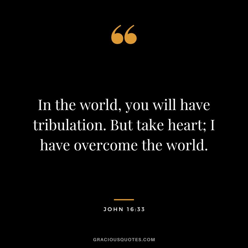 In the world, you will have tribulation. But take heart; I have overcome the world. - John 16:33