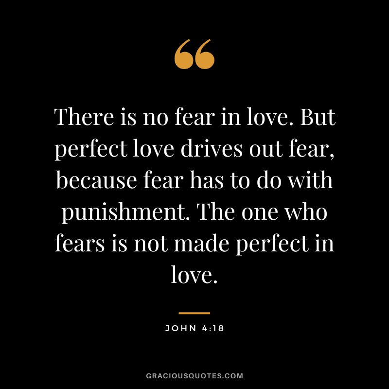 There is no fear in love. But perfect love drives out fear, because fear has to do with punishment. The one who fears is not made perfect in love. - John 4:18